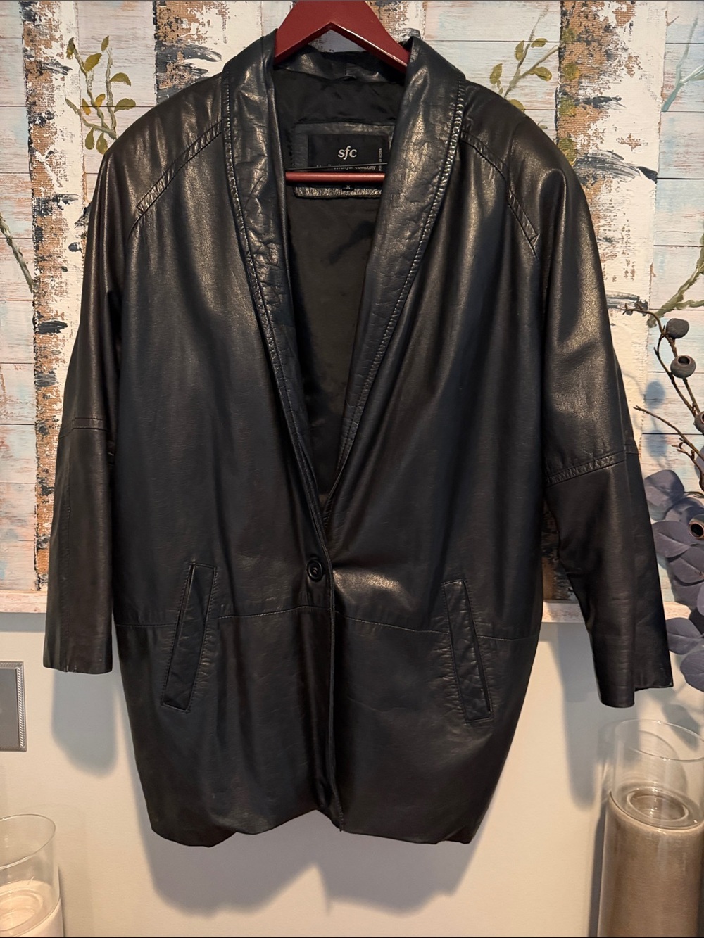 Black Leather Jacket - Women's Long Open-Front Coat